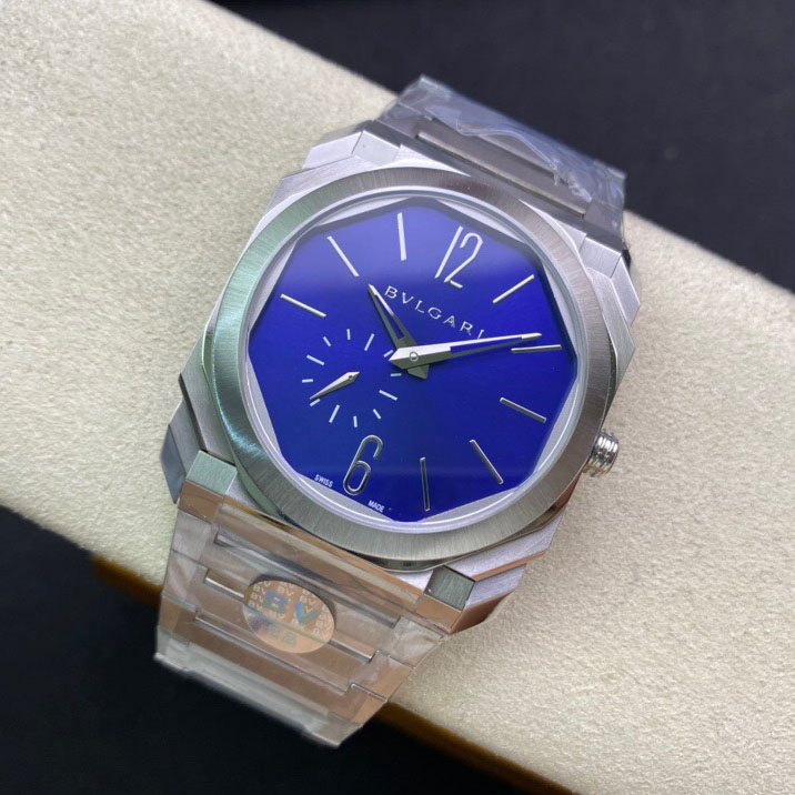 BV厂宝格丽超薄珍珠陀机械方形高仿复刻手表蓝色盘